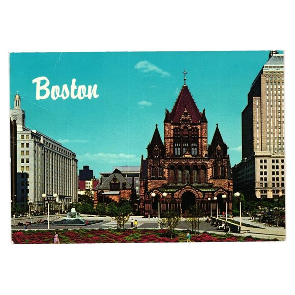 Vintage Boston Copley Square Postcard Featuring Trinity Church MA Sunken Mall - Picture 1 of 2
